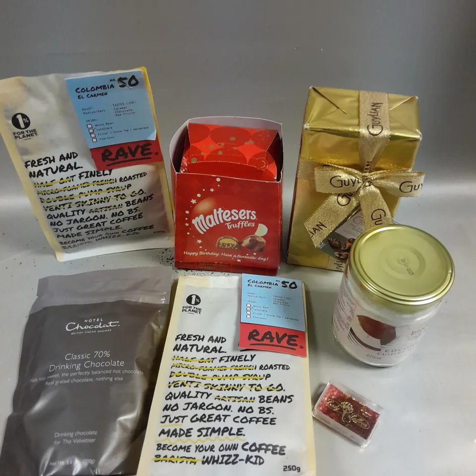 APPROXIMATELY 7 ASSORTED FOOD/DRINK PRODUCTS TO INCLUDE HOTEL CHOCOLAT DRINKING CHOCOLATE, MALTESERS TRUFFLES, COCONUT OIL ETC 