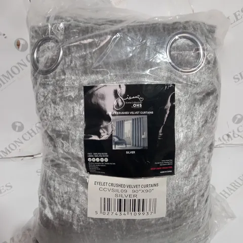 SIENNA CRUSHED VELVET EYELET RING TOP PAIR OF FULLY LINED CURTAINS - SILVER 90" X 90"