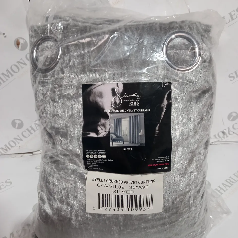 SIENNA CRUSHED VELVET EYELET RING TOP PAIR OF FULLY LINED CURTAINS - SILVER 90" X 90"