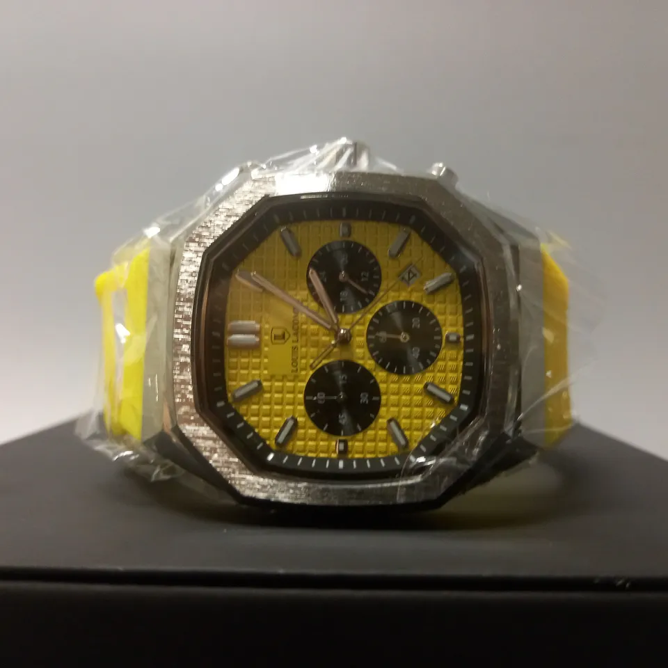 MENS LOUIS LACOMBE CHRONGRAPH WATCH – 3 SUB DIALS – YELLOW RUBBER STRAP