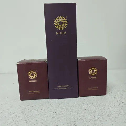 NUHR ROSE AND OUD LUXURY SCENTED CANDLES (2) + OUD MAJESTIC REED DIFFUSER – SET OF 3
