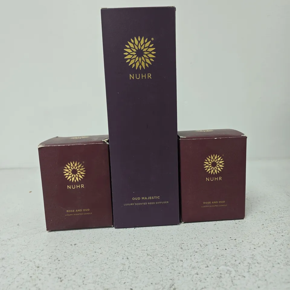NUHR ROSE AND OUD LUXURY SCENTED CANDLES (2) + OUD MAJESTIC REED DIFFUSER – SET OF 3