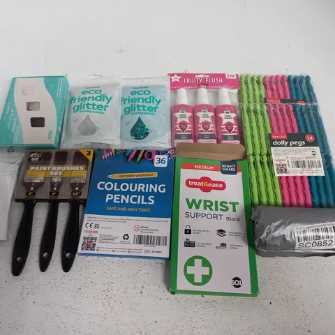 LOT OF APPROXIMATELY 40 ASSORTED HOUSEHOLD ITEMS TO INCLUDE DOLLY PEGS, ECO FRIENDLY GLITTER AND PAINT BRUSHES
