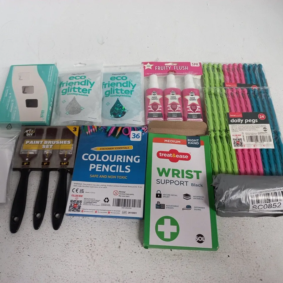 LOT OF APPROXIMATELY 40 ASSORTED HOUSEHOLD ITEMS TO INCLUDE DOLLY PEGS, ECO FRIENDLY GLITTER AND PAINT BRUSHES