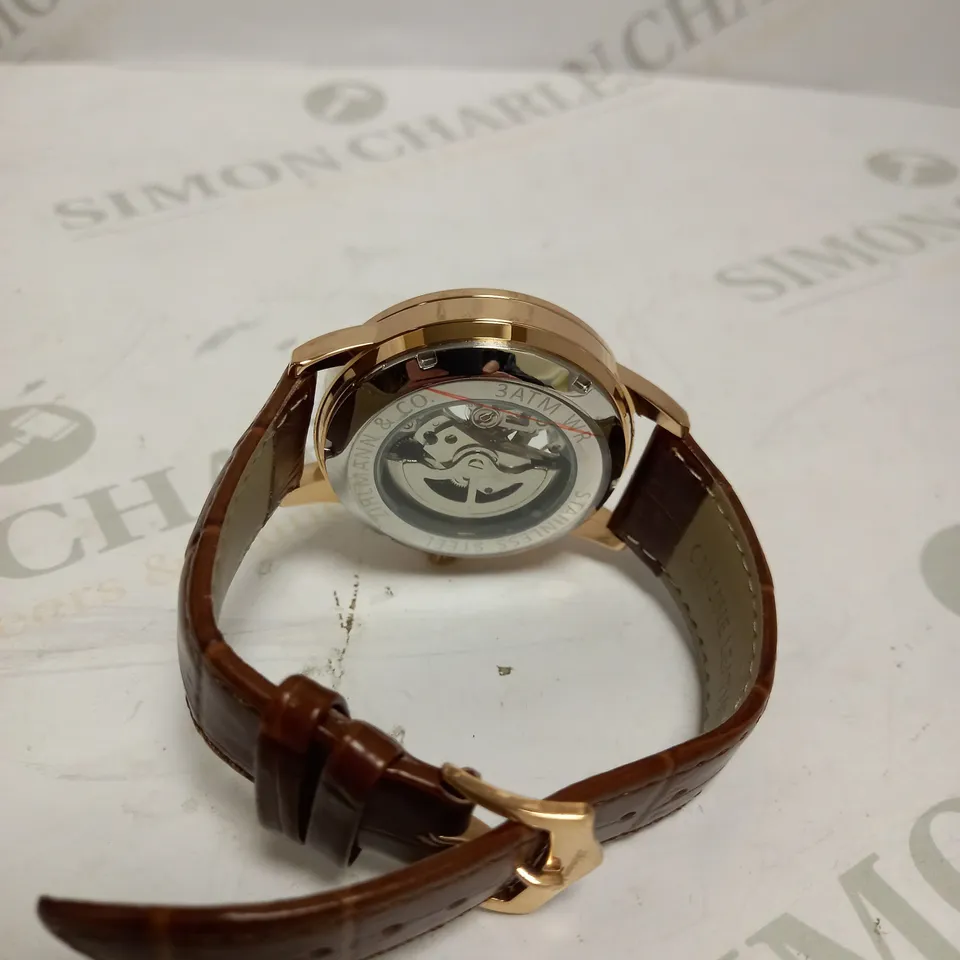 MENS ZIHLMANN & CO AUTOMATIC WATCH - Z210 – SKELETON DIAL – GOLD COLOUR CASE – GENUINE LEATHER CASE – HAND ASSEMBLED