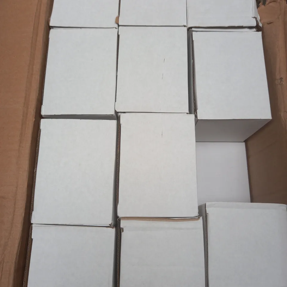 APPROXIMATELY 35 BOXED CERAMIC PRINTING MUGS IN WHITE 