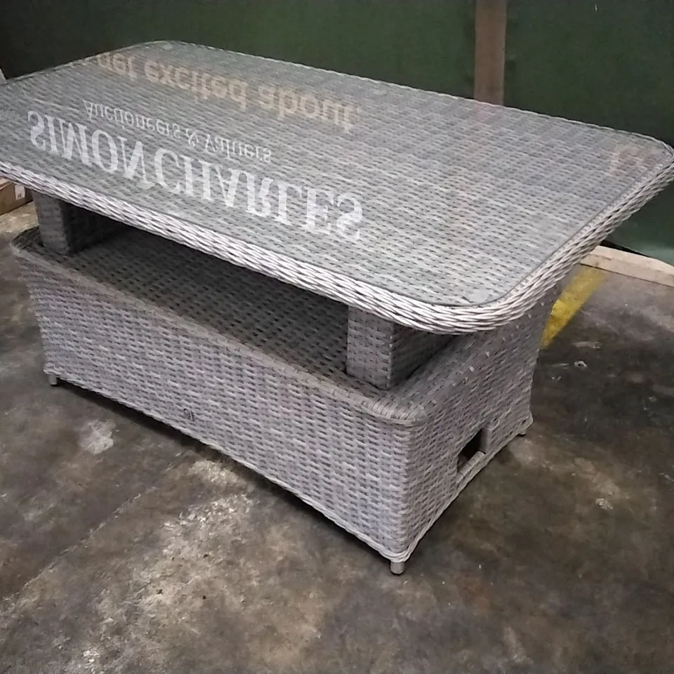 DESIGNER RATTAN EFFECT HEIGHT ADJUSTABLE GARDEN DINING TABLE WITH GLASS TOP 