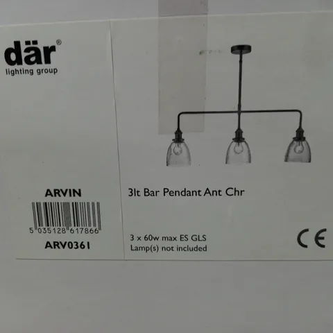 BOXED ARVIN 3 LIGHT BAR PENDANT ANTIQUE CHROME & GLASS