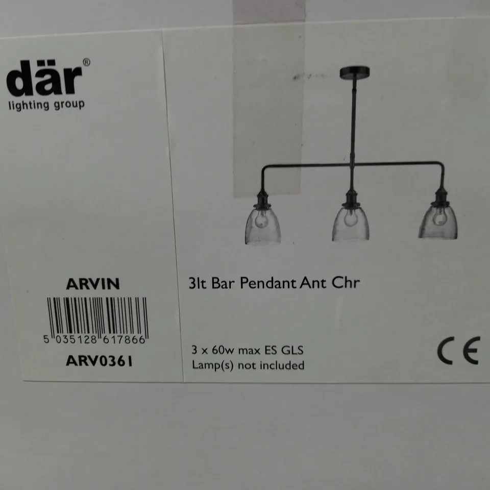 BOXED ARVIN 3 LIGHT BAR PENDANT ANTIQUE CHROME & GLASS 