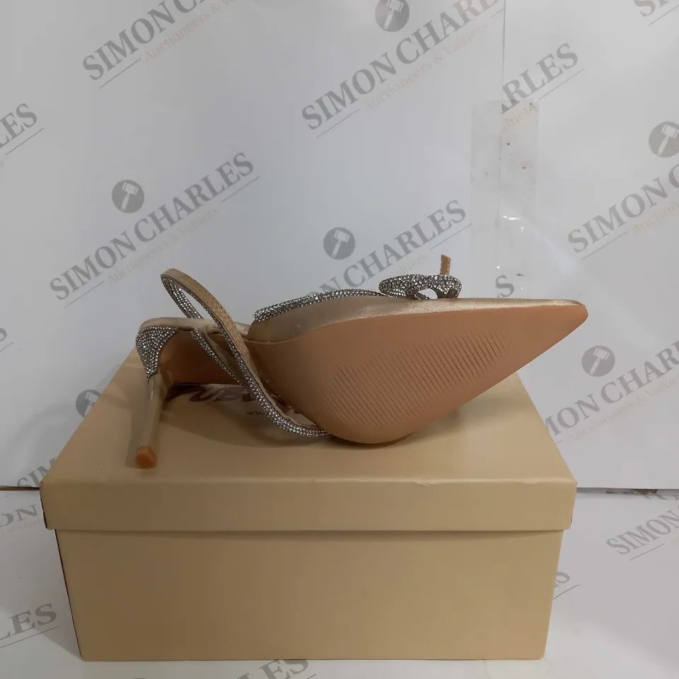 BOXED PUBLIC DESIRE CHAMPAGNE SATIN HEELS - UK 8 