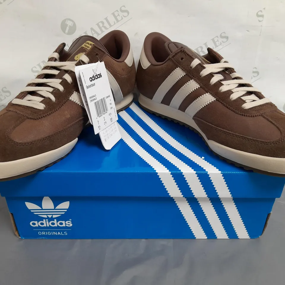 BOXED PAIR OF ADIDAS BECKENBAUER SHOES IN BROWN/WHITE UK SIZE 9