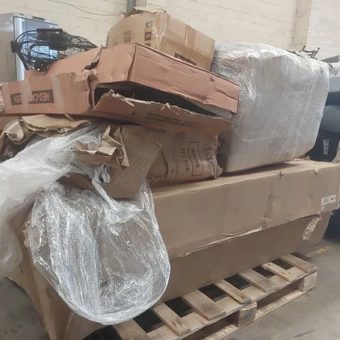 PALLET CONTAINING A LARGE QUANTITY OF ASSORTED ITEMS INCLUDING: FURNITURE PARTS, MATTRESS TOPPER, FAN ECT