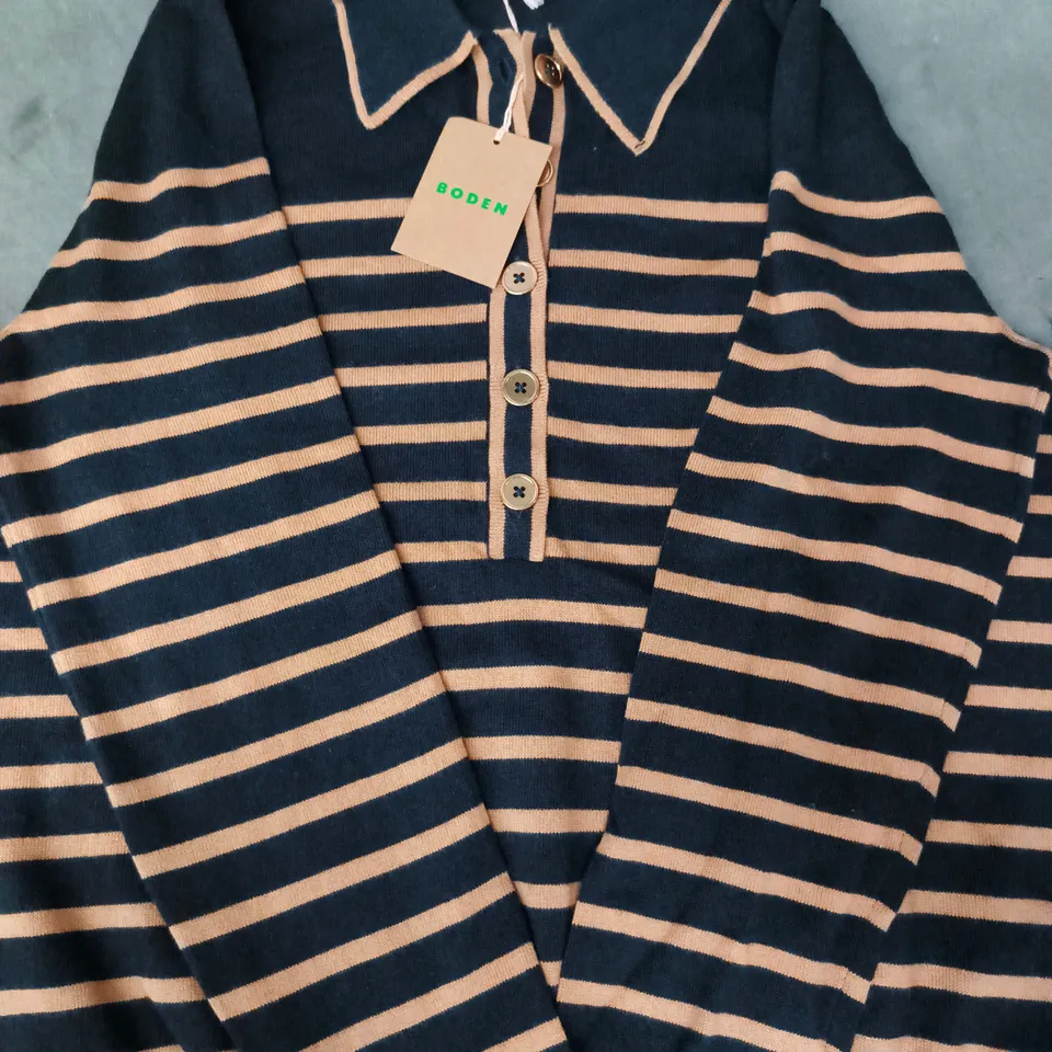 BODEN LONG SLEEVE STRIPED POLO TOP IN BLACK/TAN SIZE MEDIUM