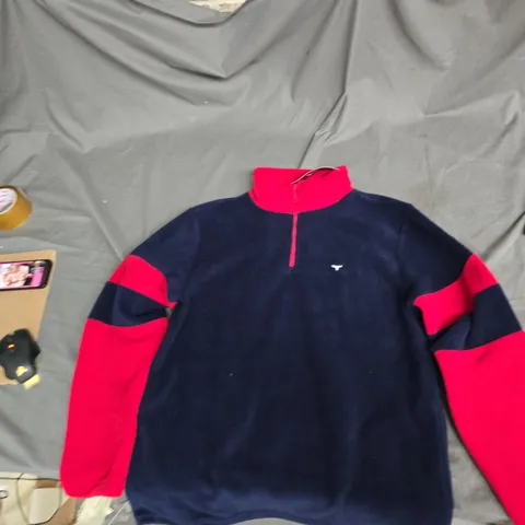 WHALE OF A TIME NORFOLK NAVY FLEECE JACKET, RED SLEEVES, UK SIZE S