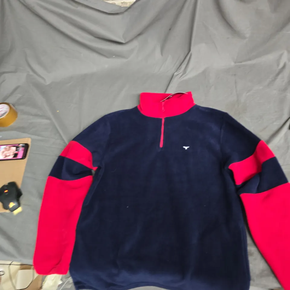 WHALE OF A TIME NORFOLK NAVY FLEECE JACKET, RED SLEEVES, UK SIZE S
