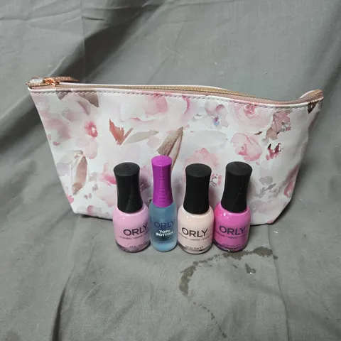 ORLY NAIL POLISH SET WITH FLORAL POUCH – 3 X LACQUER + TOP2BOTTOM