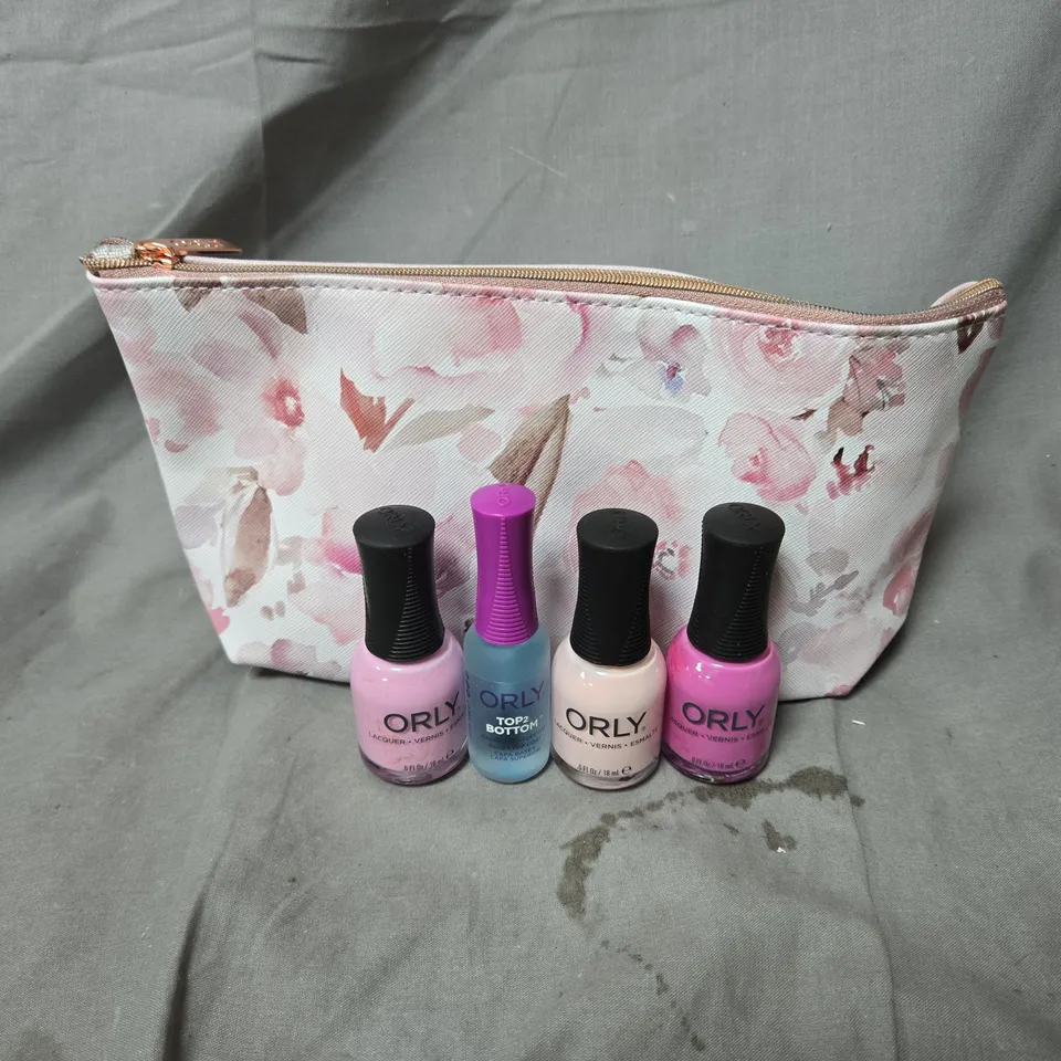 ORLY NAIL POLISH SET WITH FLORAL POUCH – 3 X LACQUER + TOP2BOTTOM