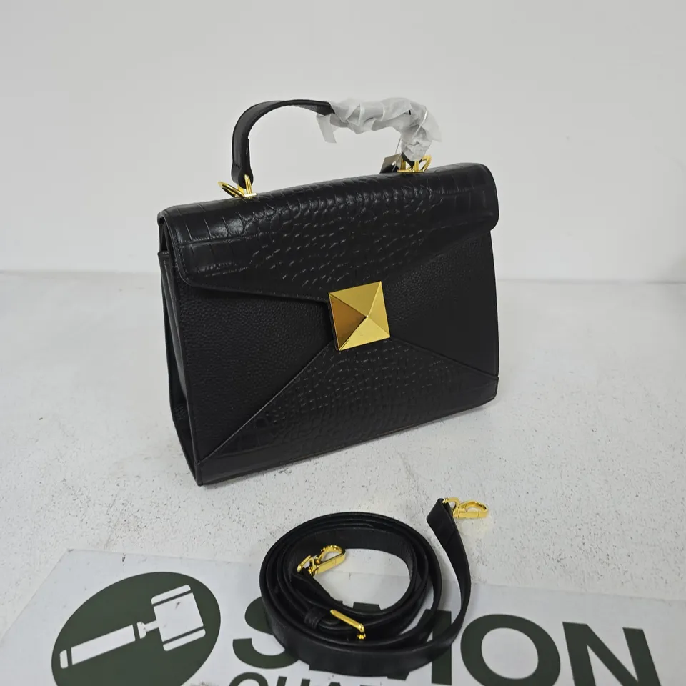 BLACK CROCODILE-EMBOSSED LEATHER HANDBAG WITH GOLD-TONE HARDWARE AND DETACHABLE STRAP