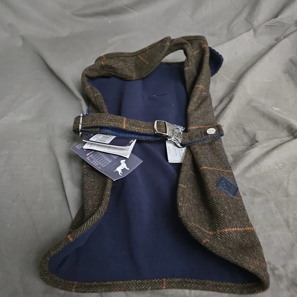 H&H TWEED DOG JACKET – GREEN PLAID WITH BLUE LINING – WITH TAGS M50
