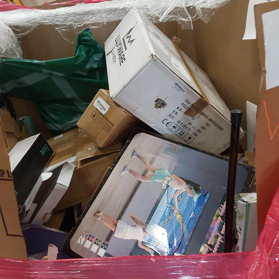 PALLET OF ASSORTED HOUSEHOLD ITEMS AND CONSUMER PRODUCTS TO INCLUDE; PRINTER, TOYS, BOXED FURNITURE ETC 