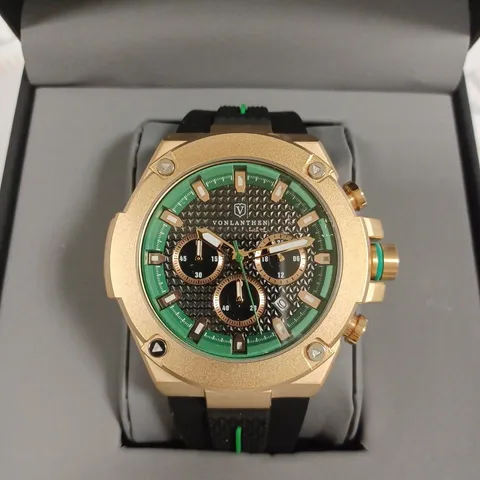 VONLANTHEN MEN'S CHRONOGRAPH GREEN TRIPLE DIAL RUBBER STRAP WRISTWATCH