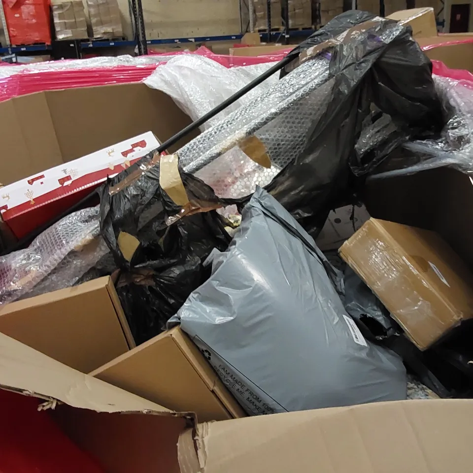 PALLET OF ASSORTED HOUSEHOLD ITEMS AND CONSUMER PRODUCTS. INCLUDES BOXED FURNITURE ETC 