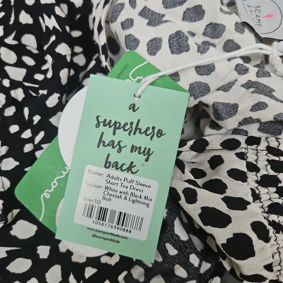 SCAMP & DUDE WOMEN'S PUFF SLEEVE TEA DRESS – DALMATIAN PRINT, SIZE 10