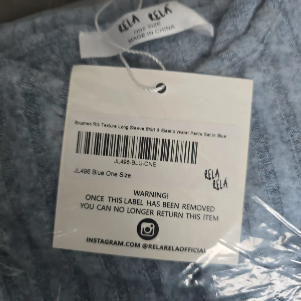BAGGED RELARELA BLUE TEXTURED LONG-SLEEVE SHIRT & ELASTIC-WAIST PANTS SET – ONE SIZE