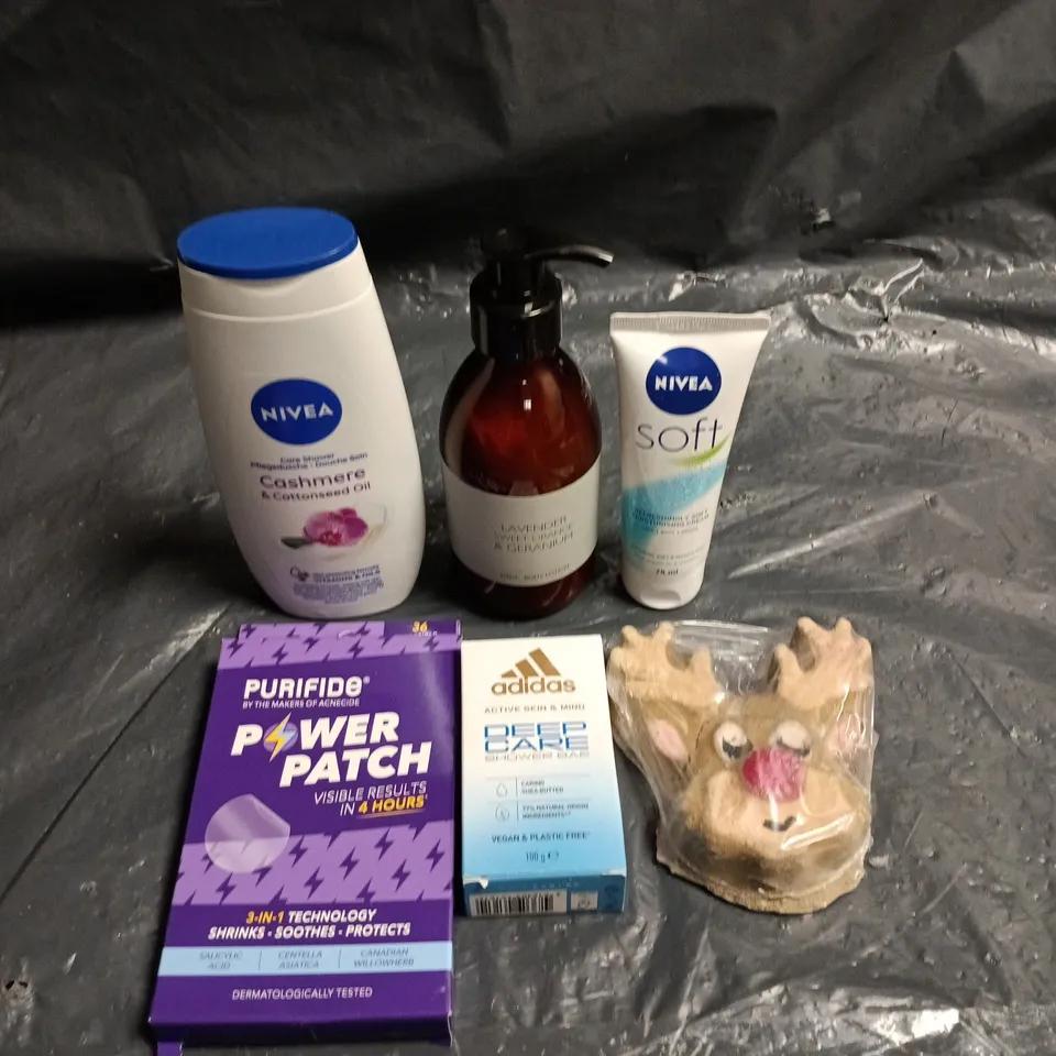 APPROXIMATEY 20 ASSORTED HEALTH AND BEAUTY PRODUCTS TO INCLUDE - NIVEA SOFT BODY CREAM - ADIDAS DEEP CARE SHOWER BAR AND PURIFIDE POWER PATCH
