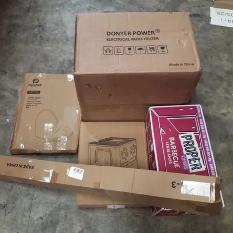 PALLET CONTAINING ASSORTED PRODUCTS INCLUDING PATIO HEATER, TENSION ROD, CAT LITTER BOX, PROPER BARBECUE LENTIL CHIPS & TOILET SEATS