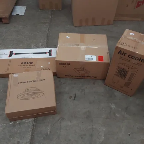 PALLET OF ASSORTED ITEMS INCLUDING: ELECTRIC FRYER, AIR COOLER, CEILING FAN WITH LIGHT, VACUUM STAND, PULL-UP BAR ECT