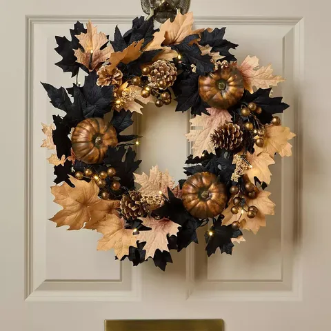 THE VERY COLLECTION AUTUMN/HALLOWEEN PRE LIT BLACK/BEIGE LEAF WREATH