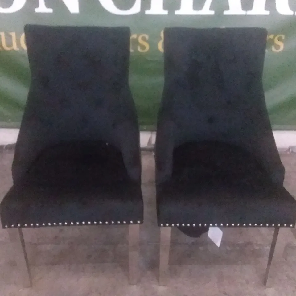 SET OF 2 DESIGNER BLACK VELVET BUTTON BACK DINING CHAIRS (CHROME LEG)