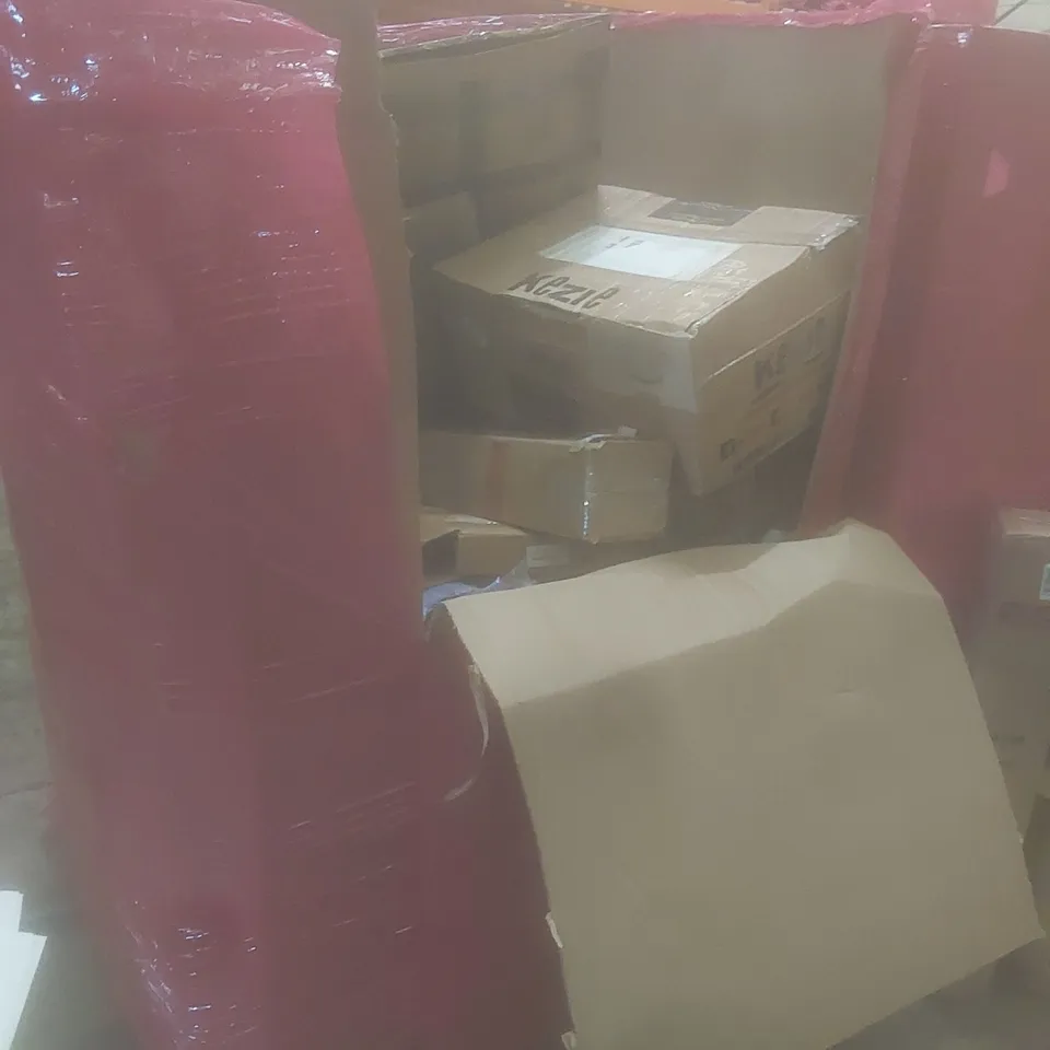 PALLET OF ASSORTED HOUSEHOLD GOODS AND PRODUCTS TO INCLUDE; COOKER HOOD, UTILITY CART, CARPET CHAIR MAT, BOXED FURNITURE ETC