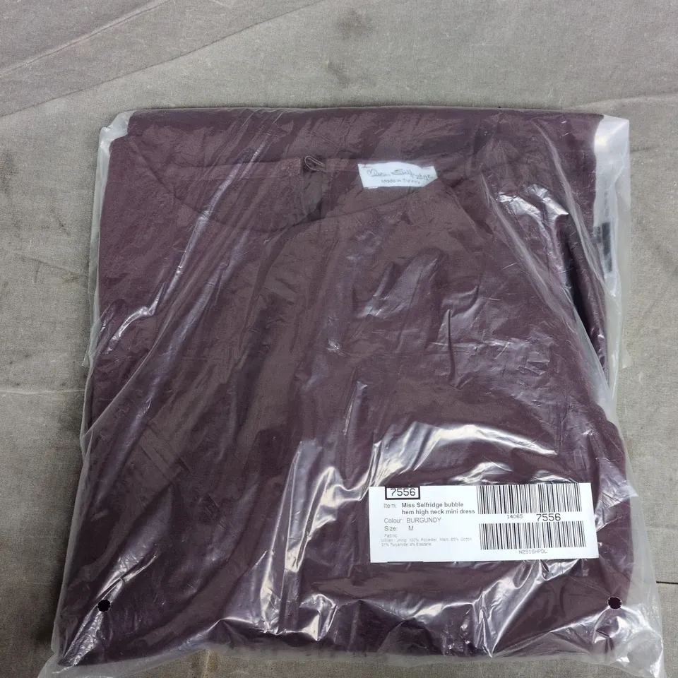 BAGGED MISS SELFRIDGE BUBBLE HEM HIGH NECK MINI DRESS IN BURGUNDY - MEDIUM