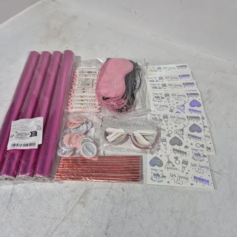 LOT OF ASSORTED BRIDESMAID THEMED PARTY ITEMS IN PINK TO INCLUDE GIFT WRAP. GLASSES, BADGES AND BRACELETS