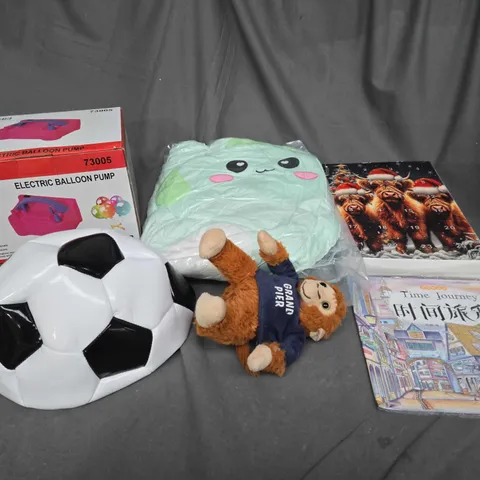 MEDIUM BOX OF ASSORTED TOYS AND GAMES TO INCLUDE TEDDYS, BALLOON PUMP AND FOOTBALL