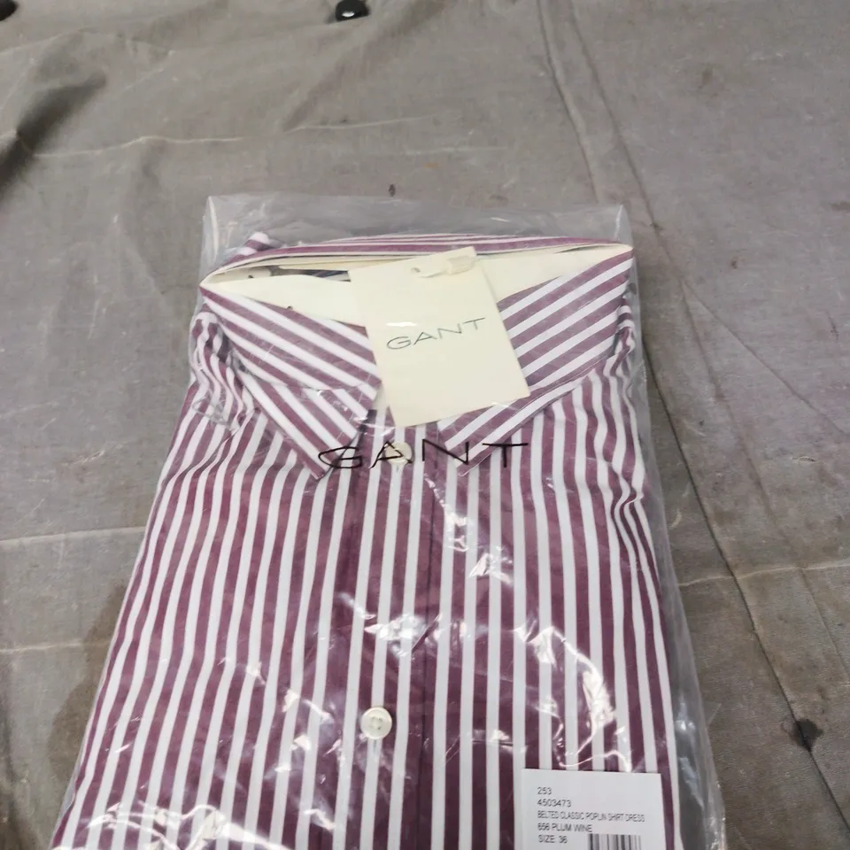 GANT BELTED CLASSIC POPLIN SHIRT DRESS – PURPLE & WHITE SIZE EU 36