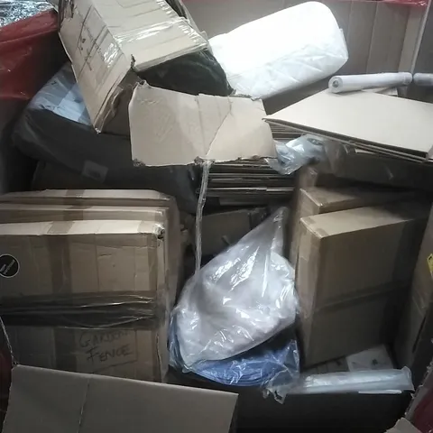 PALLET OF ASSORTED HOUSEHOLD GOODS AND PRODUCTS TO INCLUDE; STEAM CLEANER, GARDEN FENCE, BOXED FURNITURE ETC