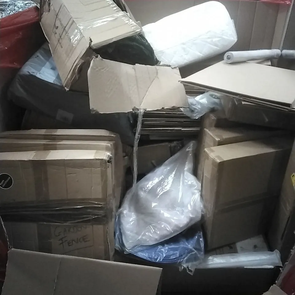 PALLET OF ASSORTED HOUSEHOLD GOODS AND PRODUCTS TO INCLUDE; STEAM CLEANER, GARDEN FENCE, BOXED FURNITURE ETC
