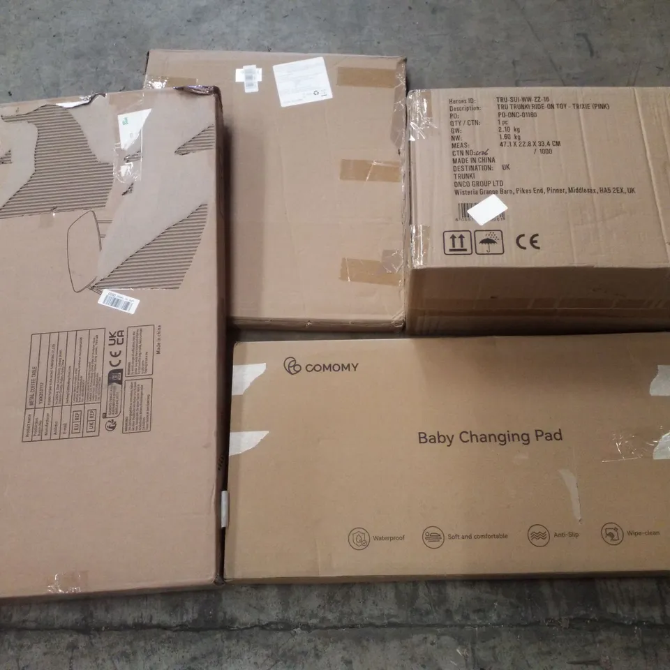 PALLET CONTAINING ASSORTED PRODUCTS INCLUDING BABY CHANGING PAD, TRUNKI RIDE ON SUITCASE, METAL COFFEE TABLE & DOG GRASS PAD
