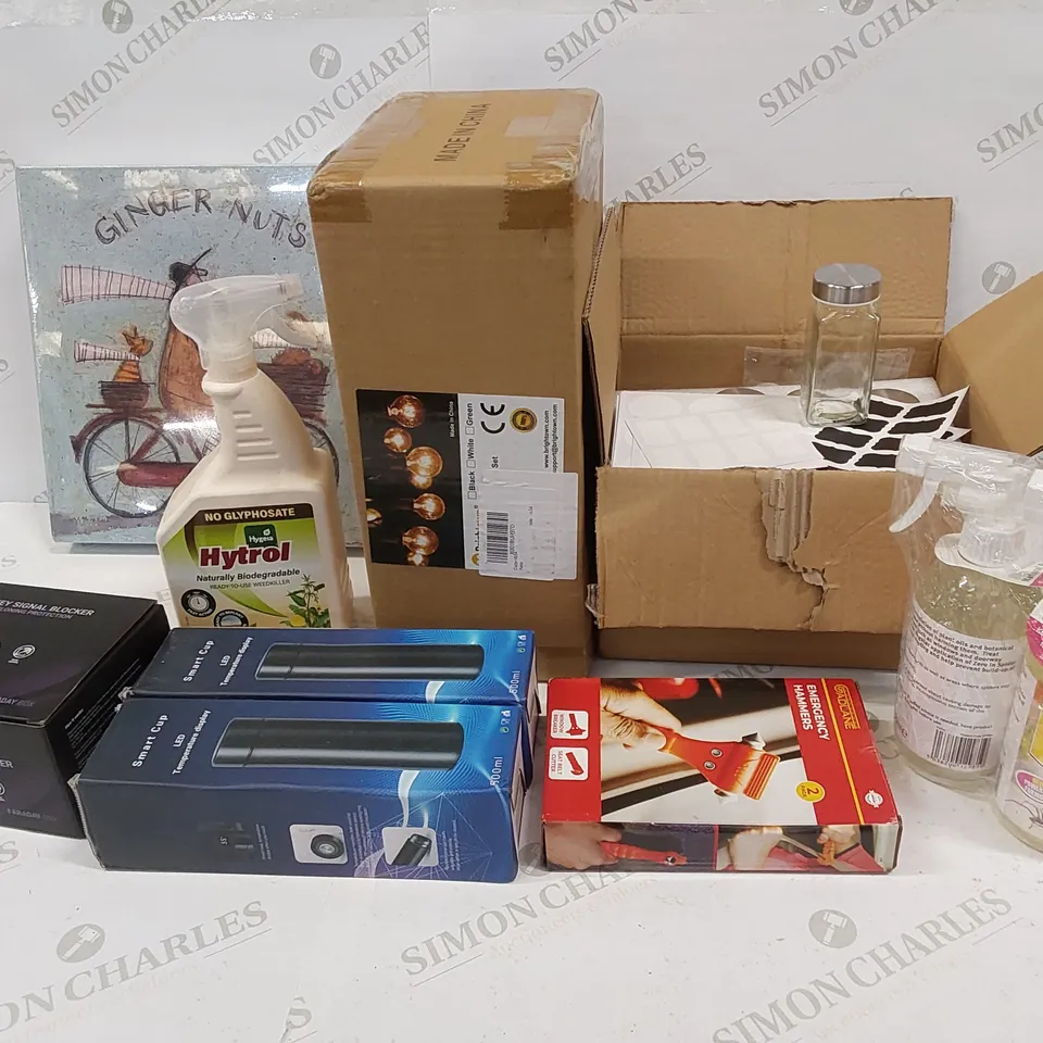 9 BRAND NEW ITEMS TO INCLUDE: 2 SMART CUP LED TEMPERATURE DISPLAY, CAR KEY SIGNAL BLOCKER, GINGER NUTS WALL ART -COLLECTION ONLY