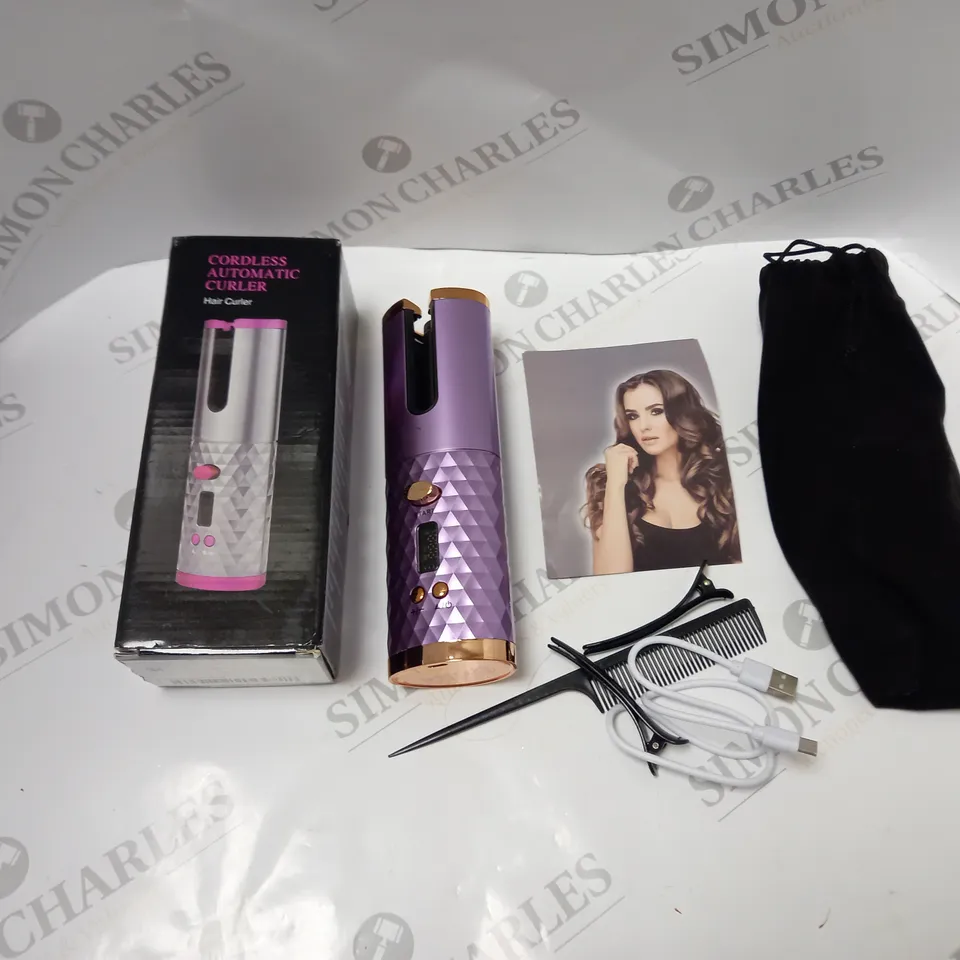BOXED CORDLESS AUTOMATIC CURLER WITH ACCESSORIES, CARRY CASE, USB CABLE AND INSTRUCTIONS