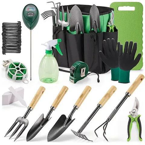 BOXED VONHAUS GARDEN TOOLS SET 15PC, HEAVY DUTY GARDENING HAND TOOL KIT, STEEL & WOODEN TOOLS, PORTABLE BAG