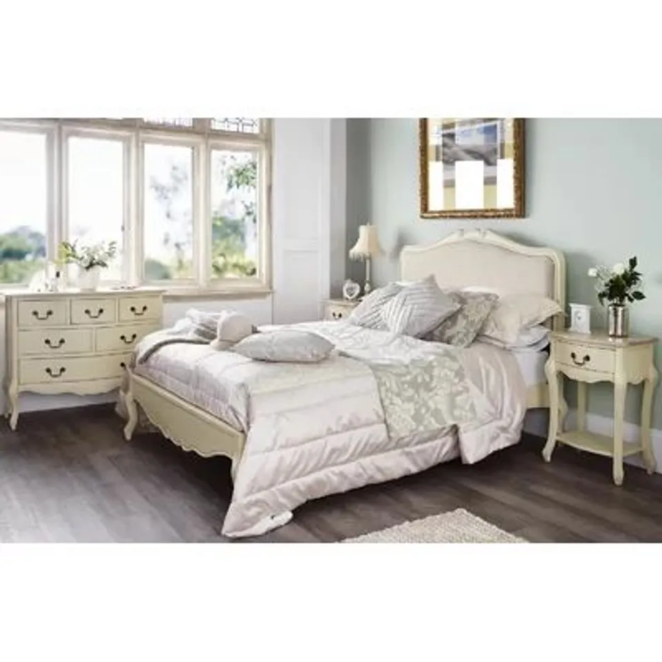 BOXED LEMAIRE UPHOLSTERED BED FRAME - 4'6" DOUBLE, ANTIQUE WHITE (4 BOXES)