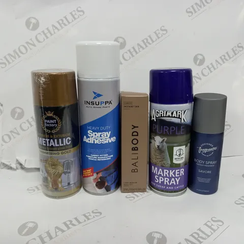 BOX OF APPROX 15 ASSORTED AEROSOLS TO INCLUDE - BALIBODY - METALLIC GOLD SPRAY - BODY SPRAY ECT