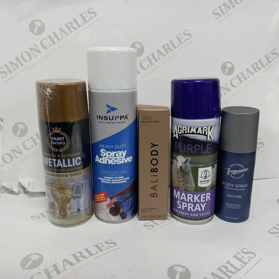 BOX OF APPROX 15 ASSORTED AEROSOLS TO INCLUDE - BALIBODY - METALLIC GOLD SPRAY - BODY SPRAY ECT