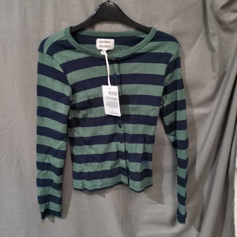 DAMSON MADDER SYBIL STRIPE CREW CARDIGAN – GREEN/NAVY STRIPE, UK SIZE 6