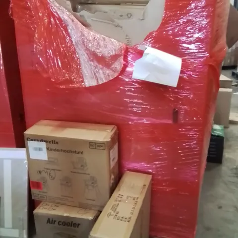 PALLET OF ASSORTED HOUSEHOLD GOODS AND PRODUCTS TO INCLUDE;HIGH CHAIR,CEILING FAN WITH LIGHT,AIR COOLER