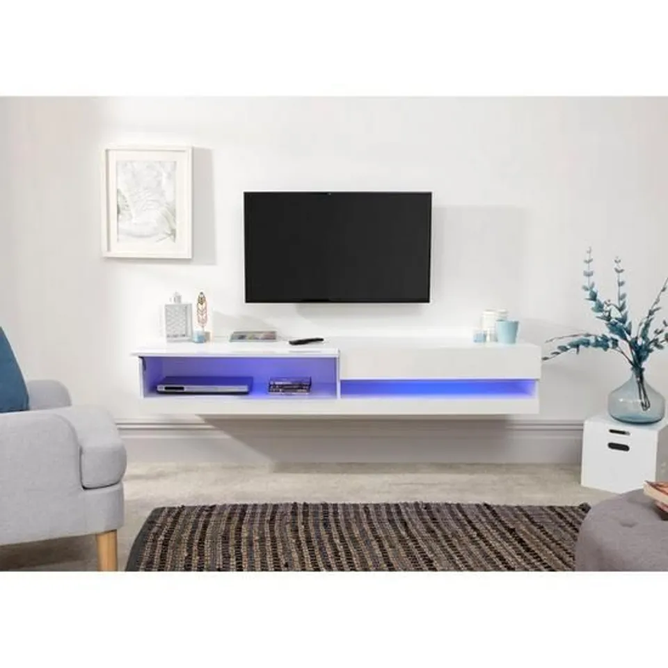 GALICIA 180 CM FLOATING WALL TV UNIT WITH LED LIGHTS - FITS UP TO 80 INCH TV - WHITE - COLLECTION ONLY